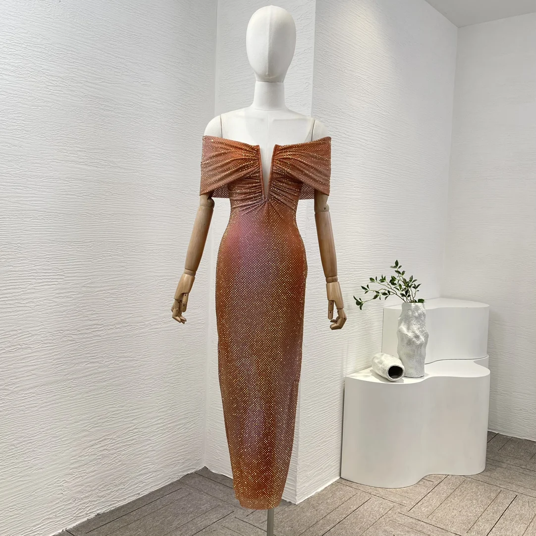 

2024 Latest Collection Luxury Top Quality Tangerine Diamonds Pressed Off The Shoulder Women Mermaid Midi Dress