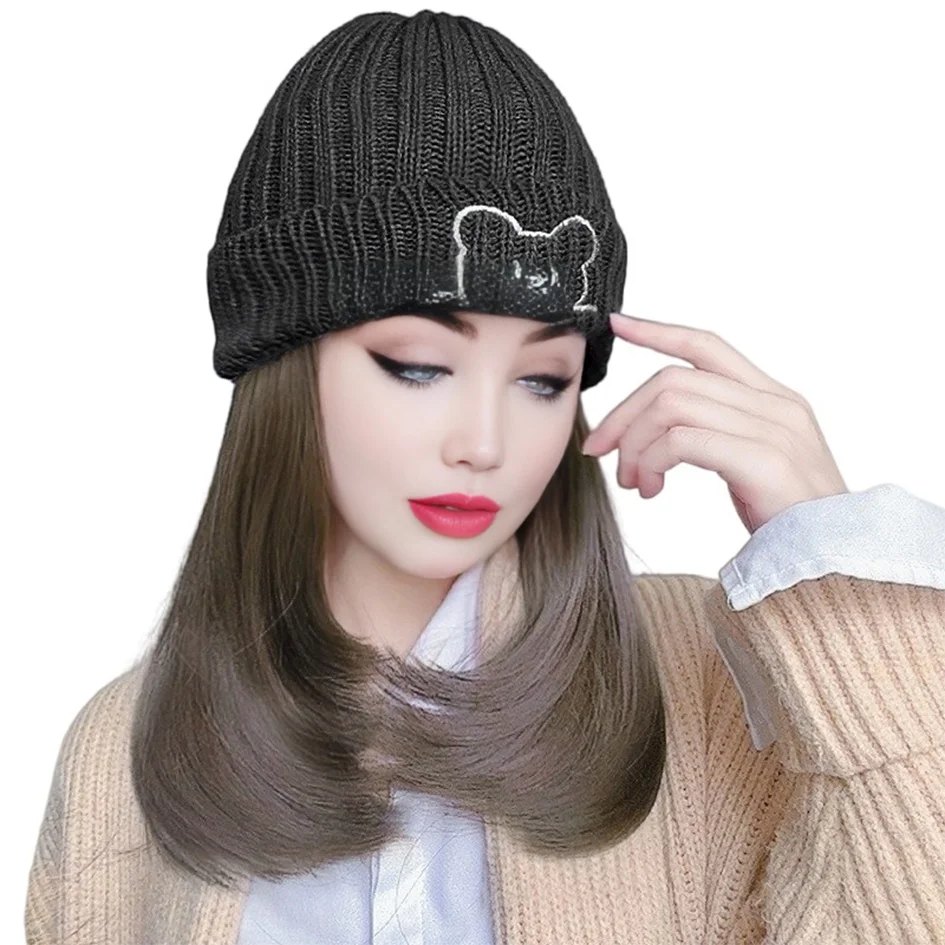 synthetic10 inch knit cap long straight hair wig blue hat/black hat hat wig baseball cap duck tongue 모자가발 Christmas
