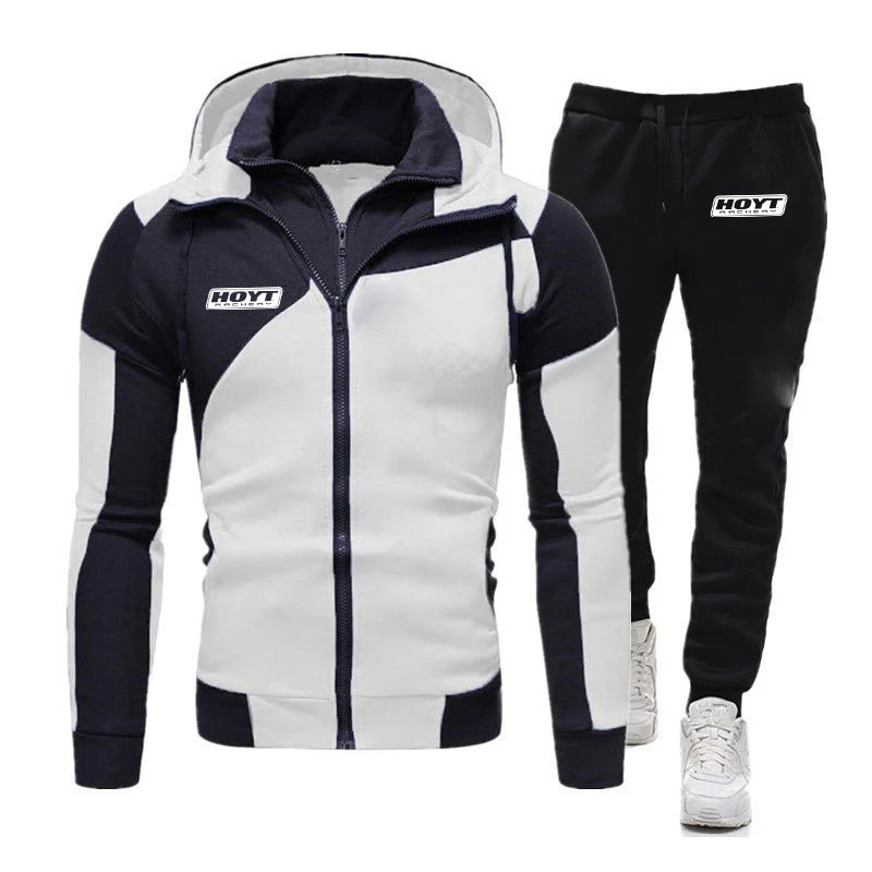 2023 Men New Hoyt Archery Spring Autumn Sporting Casual Color Matching Design Diagonal Comfortable Zipper Hoodie+Pant Suit