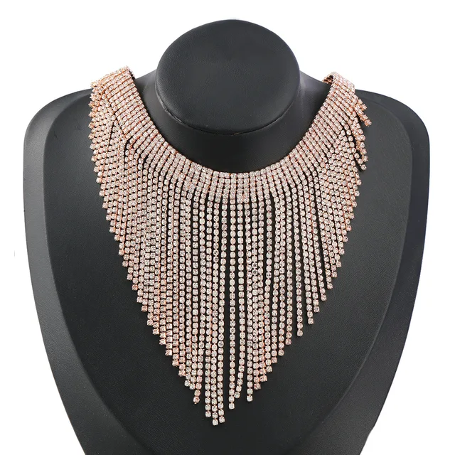 Shiny Full Rhinestone Long Chain Choker Collar Statement Necklace For