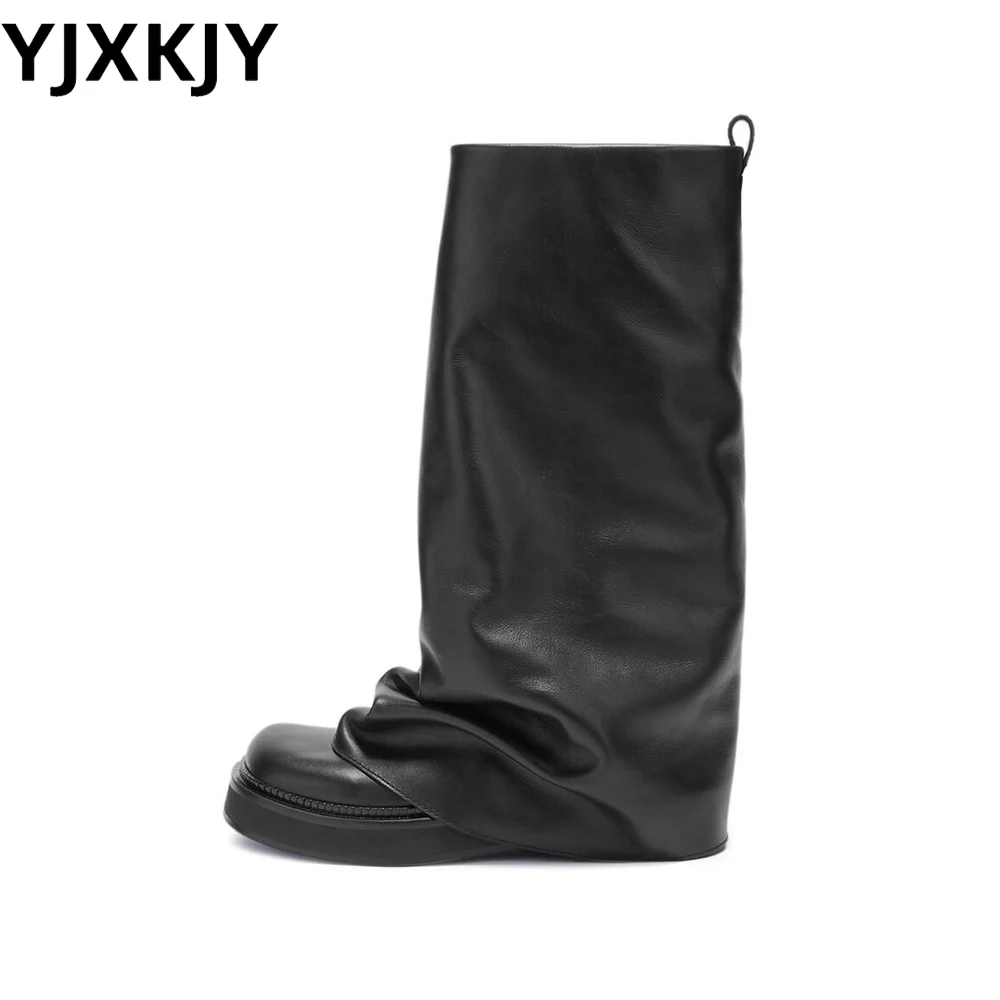 

YJXKJY 2023 Winter New Arrival Brand Design Thick Sole Women's Large Size Sleeve Calf Fold Big Round Head Fashion Boots