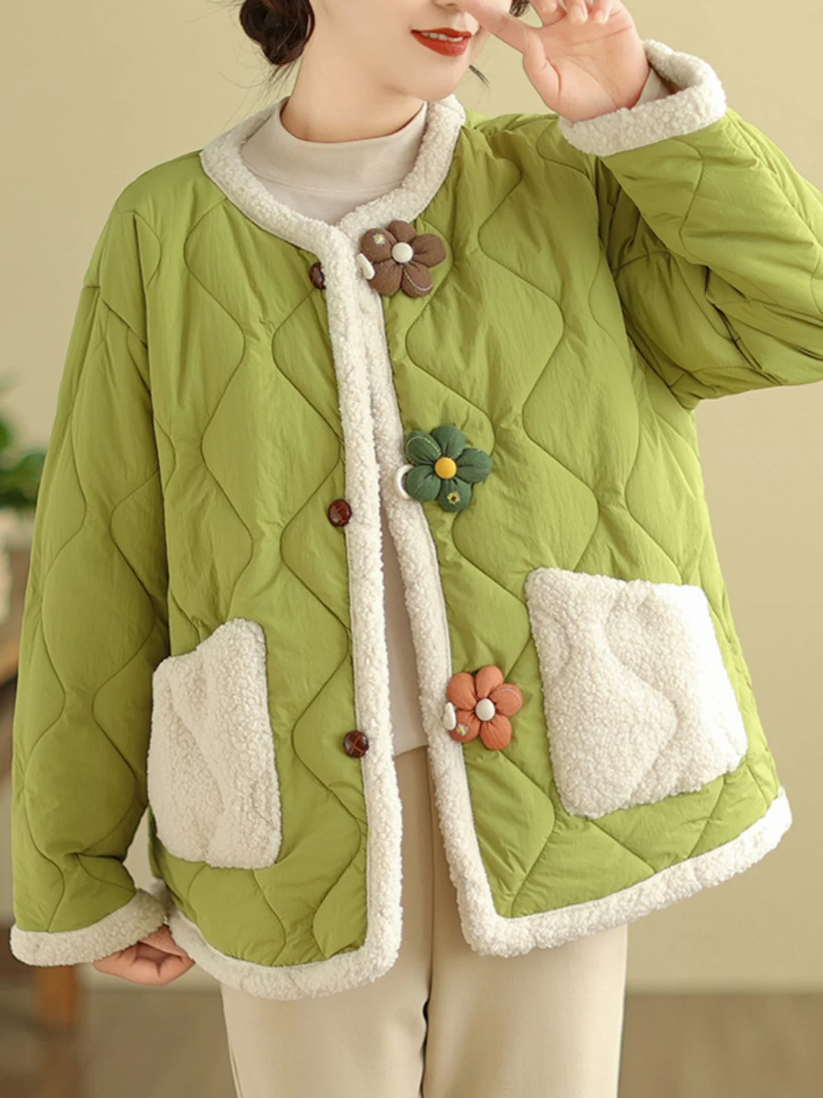 

Женское хлопковое пальто в стиле пэчворк, свободная парка в Корейском стиле с 3D цветочными пуговицами, куртка из овечьей шерсти, Милая женская одежда, новинка зимы 2023