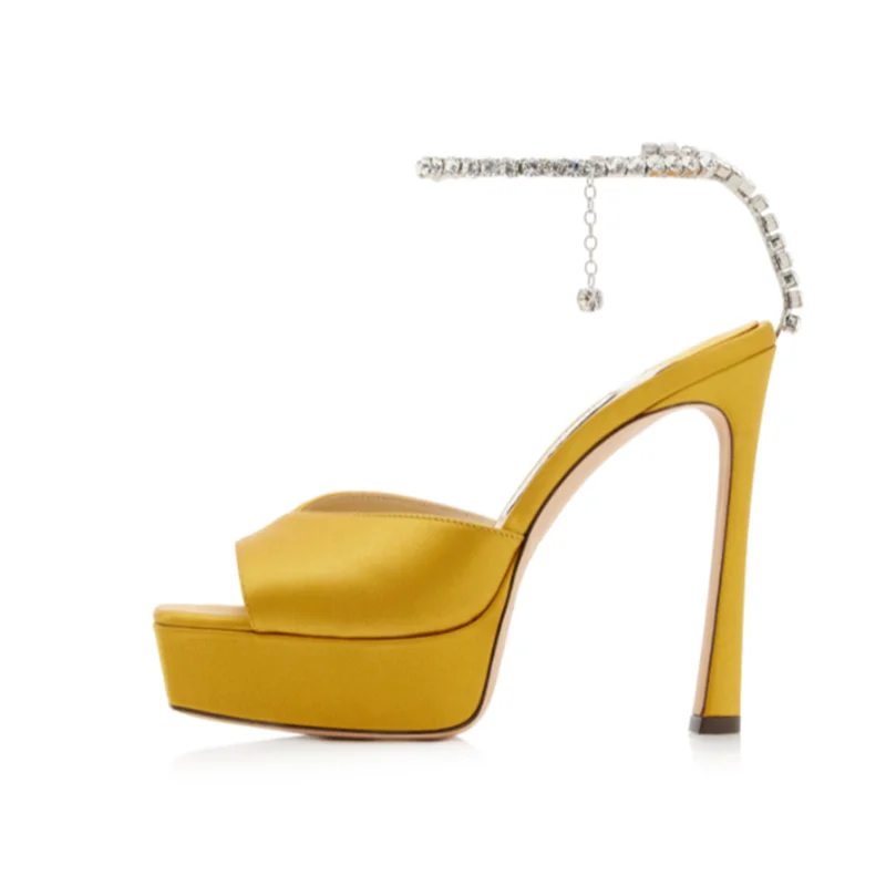 

Square Head Fish Mouth Waterproof Platform Thin Heel Silk Water Diamond Metal Chain Ultra High Heel Banquet Fashion Sandals 2023