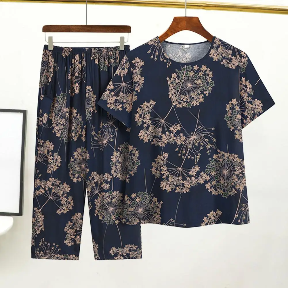 Ladies Pajamas Suit Stylish Mid-aged Grandmother Homewear Set Floral Print Pajamas with Wide Leg Trousers Elastic Waist women pajamas set women pajama suit
