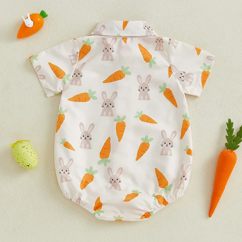 0-18Months Newborn Baby Boy Easter Romper Bunny Print Short Sleeve Lapel Neck Bodysuit with Bowtie Cute Spring Summer Clothes