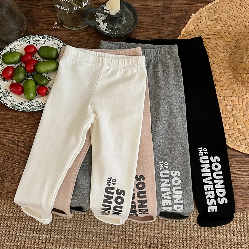 

Осенние штаны для маленьких девочек в Корейском стиле, однотонные спортивные штаны с высокой талией и буквенным принтом, брюки, детская верхняя одежда