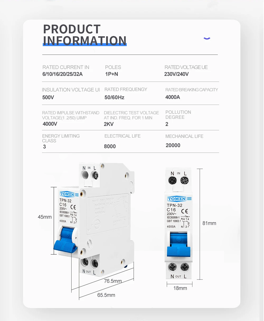 TPN 1P+N Mini Circuit Breaker MCB 10A 16A 20A 25A 32A 230V AC DIN Rail