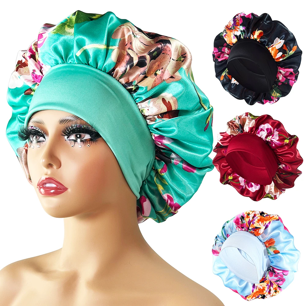 Women Satin Cap Silky Big For Women Floral Printing Sleep Cap Design Boneet's
