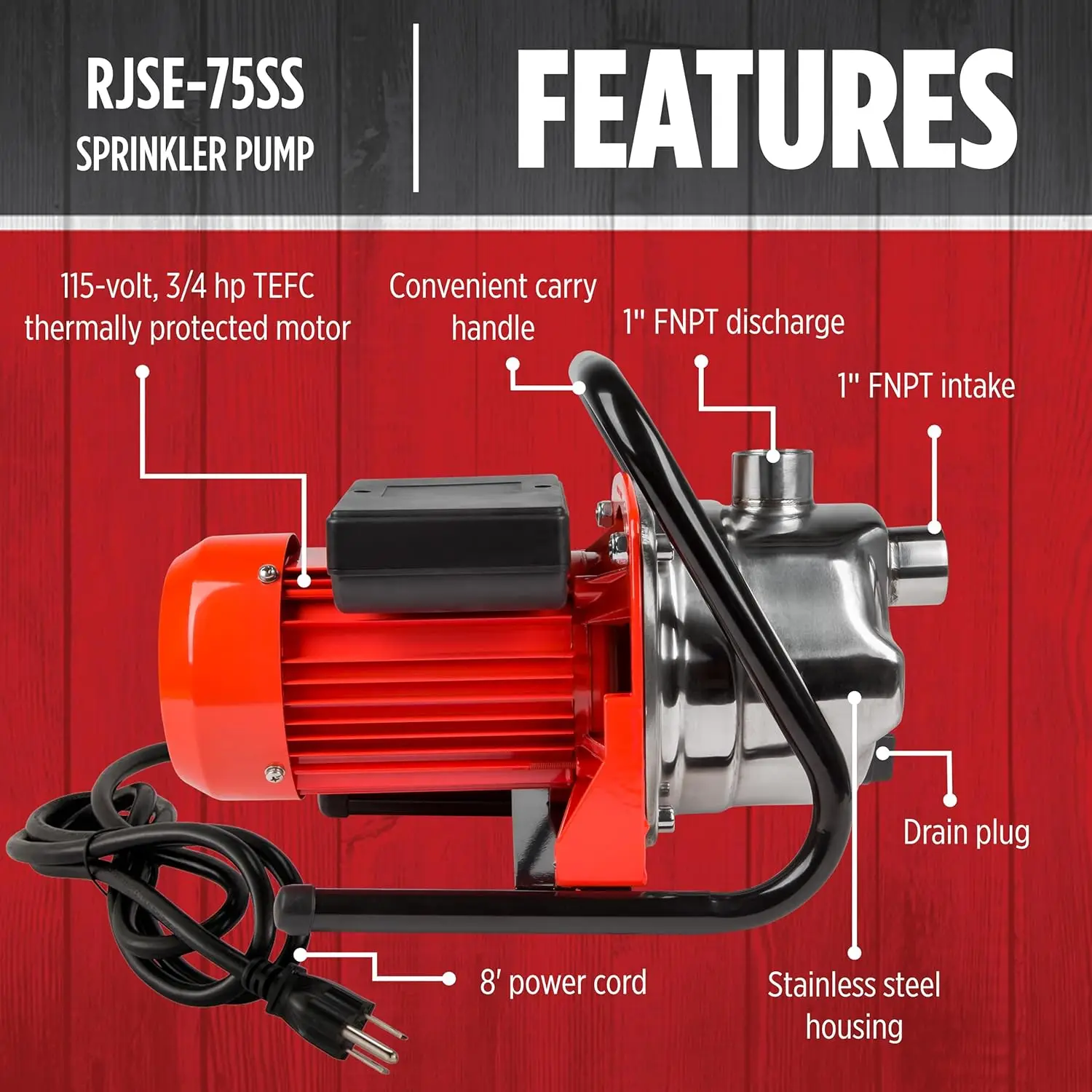 Stainless Steel 3/4 HP Sprinkler Utility Pump with 115V, 11 GPM, 8ft Cord, Red Lion RJSE-75SS