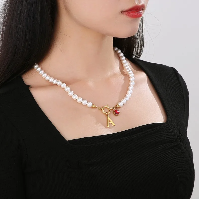 Luxury Pearl Necklace Stainless Steel Bohemia Necklace For Women Letter A-Z Pendant Girl Charm Grass Chain Wedding Party Jewelry