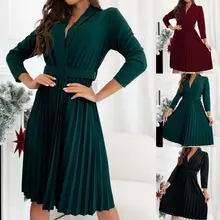 

Party Dress Removable Waistband Ruffled Long Sleeve Lapel Solid Color Women Pleated Dress for Dating