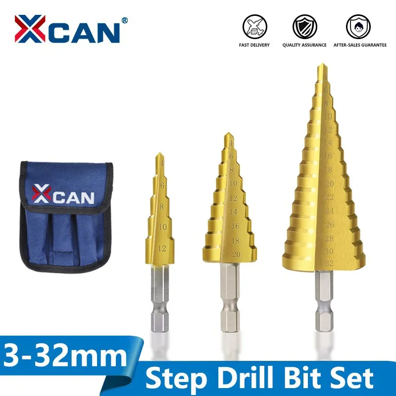 XCAN Step Drill Bit 3-13 4-12 4-20 4-32mm HSS Titanium coated Wood Metal Hole Cutter Cone Drill Metal Drills pagoda drill bit reamer hexagonal shank silver straight groove step drill 4 12 4 20 4 32mm metal stainless steel hole opener