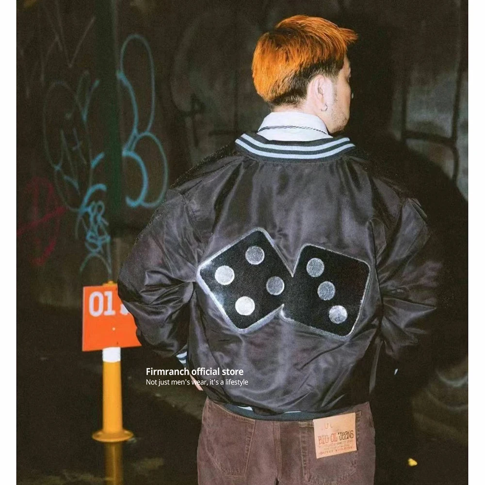 

Firmranch American Fashion Black Dice Embroidered Patches Bomber Jackets For Men Women Winter Button Up Blazer Free Shipping
