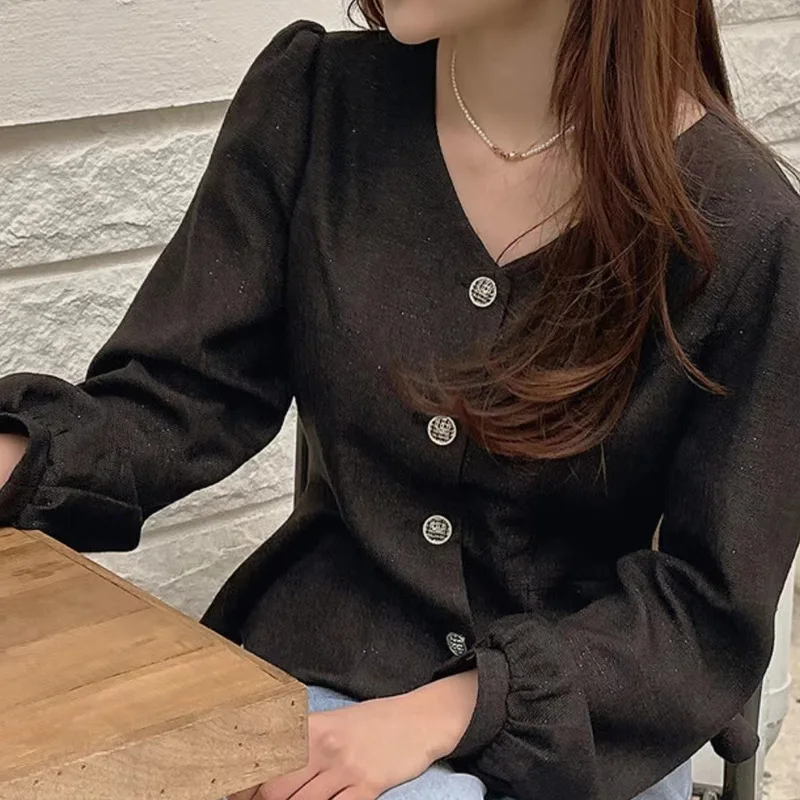 Fashion Commute Spring Autumn New Blouses Women's Solid Spliced Bootcut Single-breasted V-neck Chic Loose Long Sleeve Shirt Tops