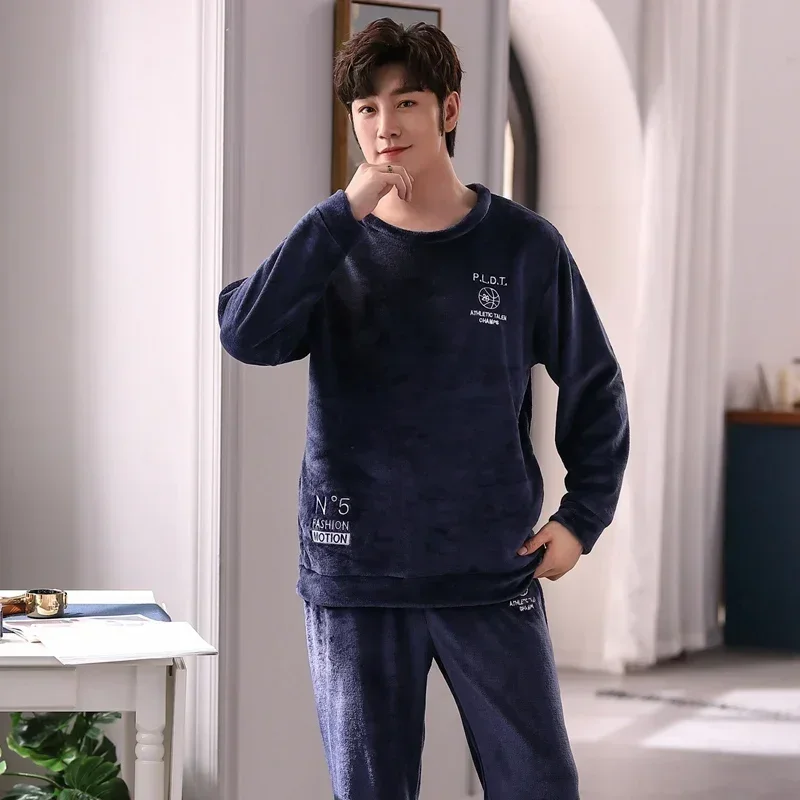 2023 Winter Long Sleeve Thick Warm Flannel Pajama Sets for Men Korean Loose Coral Velvet Sleepwear Pyjama Homewear Home Clothes