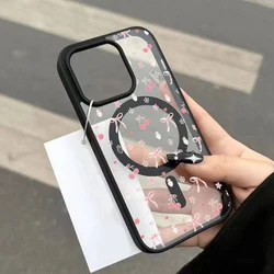 Cartoon Pink Cherry Bow Magnetic Phone Case Cover - Galaxy S23 Ultra (Black)