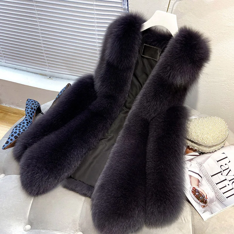 Faux Fox Fur Coat for Women, Mid-Length Waistcoat, Casual Vest, Warm, Temperament Slim Outwear, Female Fashion, Autumn, Winter