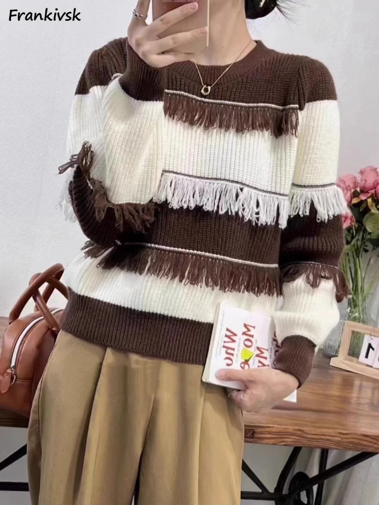 

Tassel Sweaters Women Autumn Panelled Slouchy American Style Chic Retro Knitwear Stretchy Classic Pullovers Particular Niche