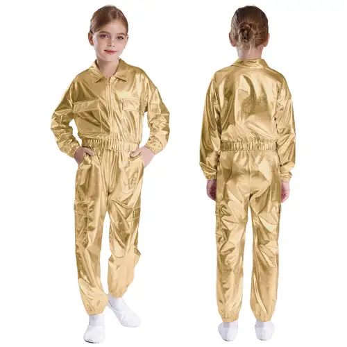 Kids Boys Girls Jazz Hip-Hop Street Dance Performance Costume Metallic Shiny Long Sleeve Athletic Jacket Coat with Pants Outfits - Image 8