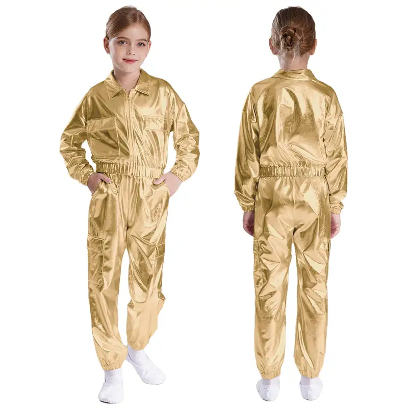 Kids Boys Girls Jazz Hip-Hop Street Dance Performance Costume Metallic Shiny Long Sleeve Athletic Jacket Coat with Pants Outfits - Image 8