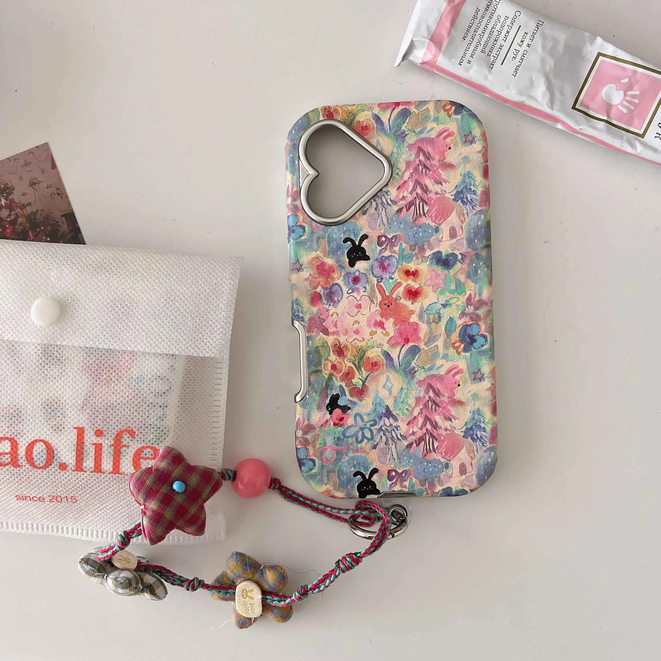 Vibrant Floral Leather Phone Case with 3D Star Cloth Design and Rope Strap