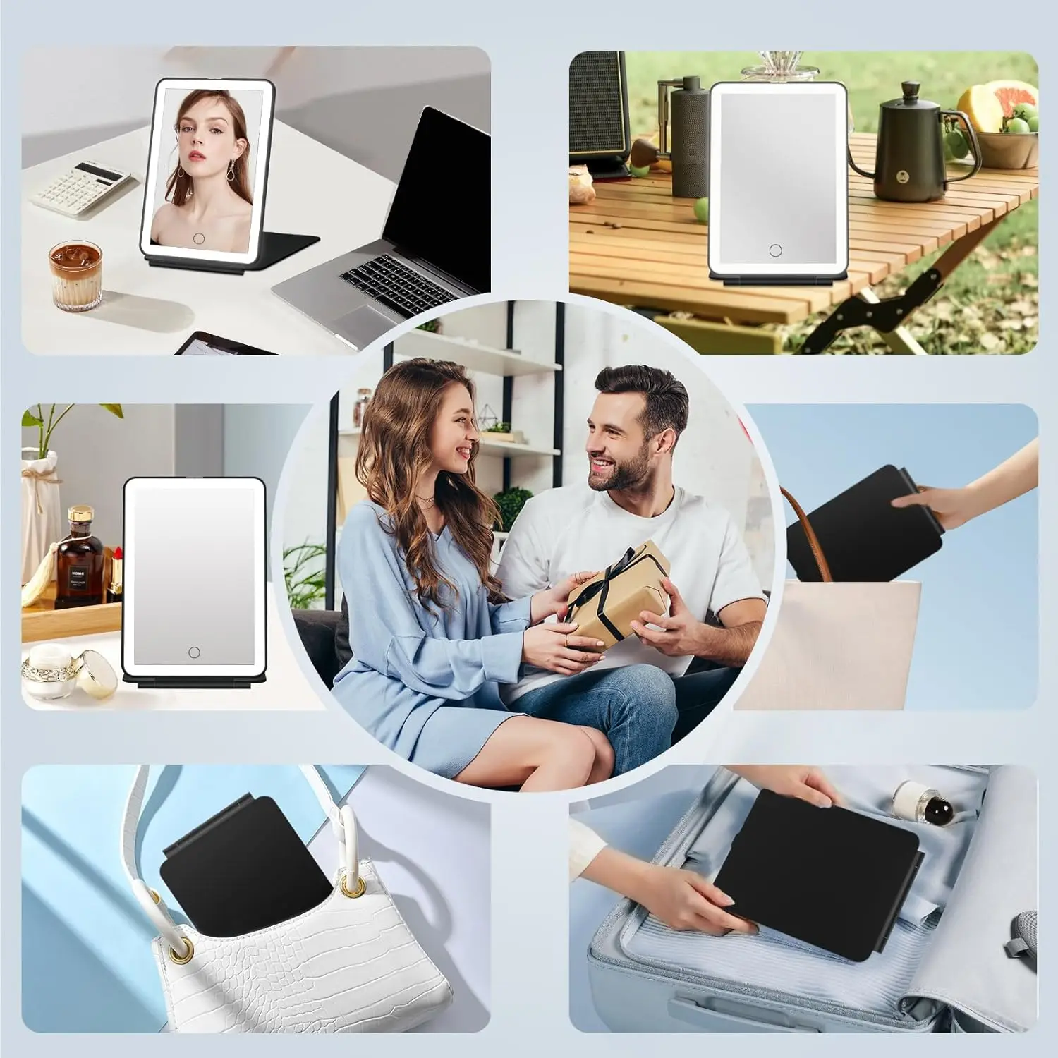 Makeup Mirror LED Foldable Travel Makeup Mirror 3 Colors Light Modes USB Rechargeable Touch Screen Portable Tabletop Cosmetic Mirror