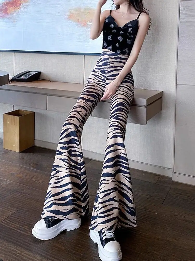 Zebra Pattern Print Big Flare Pants High Waist Club Leggings Hip Raising Athletic Tight Elastic Street Slim Activewear Trousers