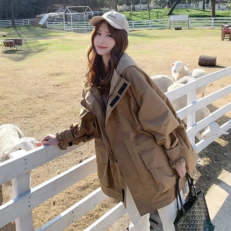 Tooling Trench Coat Female 2022 Spring and Autumn Long BF Hong Kong Style Korean Version Loose Casual Hooded Charge Clothes X483