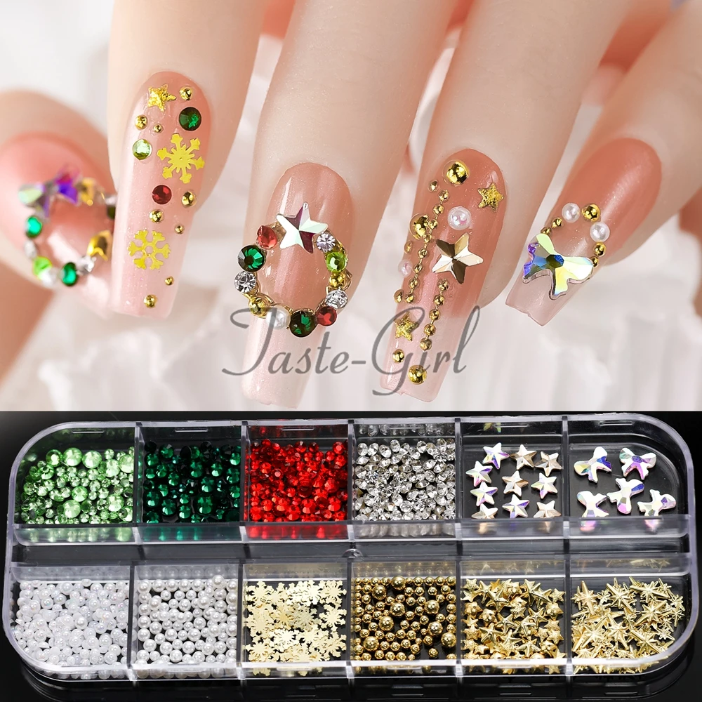 

1 Box Christmas Nail Art Charms For Fake Nails Decoration Mixed Style Miancure Accessories Gem Rhinestones Pearl Rivet Foil