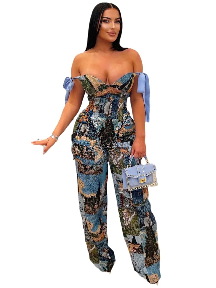 Wmstar 2 Piece Sets Women Sexy Printed Oil Painting Pattern Strap Drawstring Multi Pocket Pants Set Wholesale Dropshipping 2024