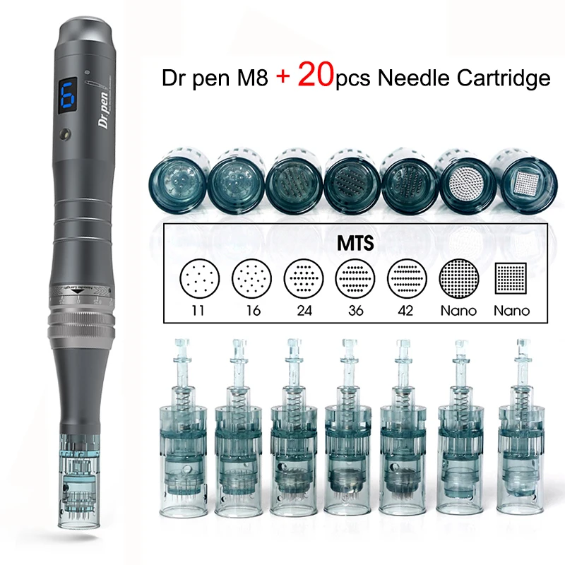 O melhor aparelho de microagulhamento digital sem fio Derma Ultima M8 6 com 20 cartuchos Dr. Pen para terapia de microagulhamento._voghion.com