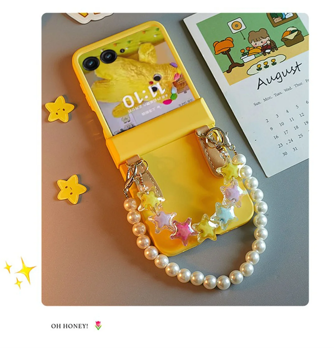 Korean Cute Solid Yellow Star Pearl Bracelet Phone Case Cover