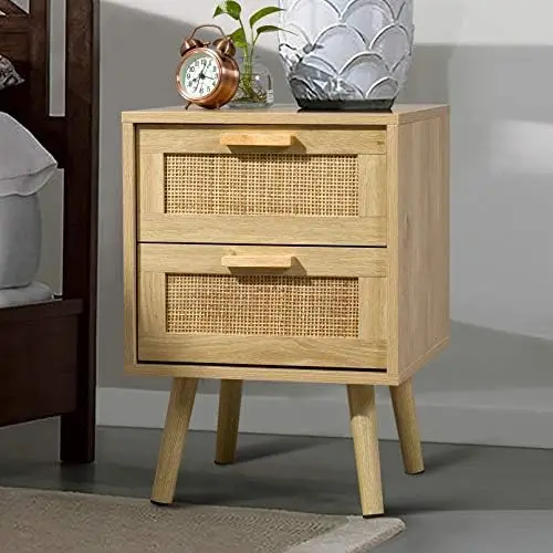 

End Table, Side Table with 2 Hand Made Rattan Decorated Drawers, Wood Accent Table with Storage for Bedroom, Natural (Patented)