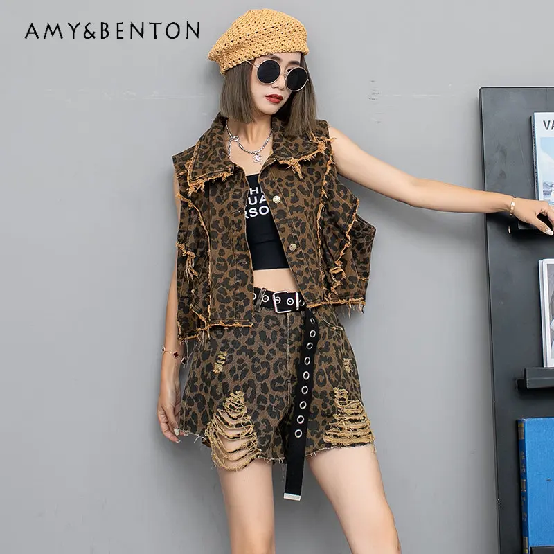 

Cool Personality Design Leopard Print Do the Old Denim Vest Shorts Two-Piece Sets Female 2023 Spring Summer New Fashion Outfits