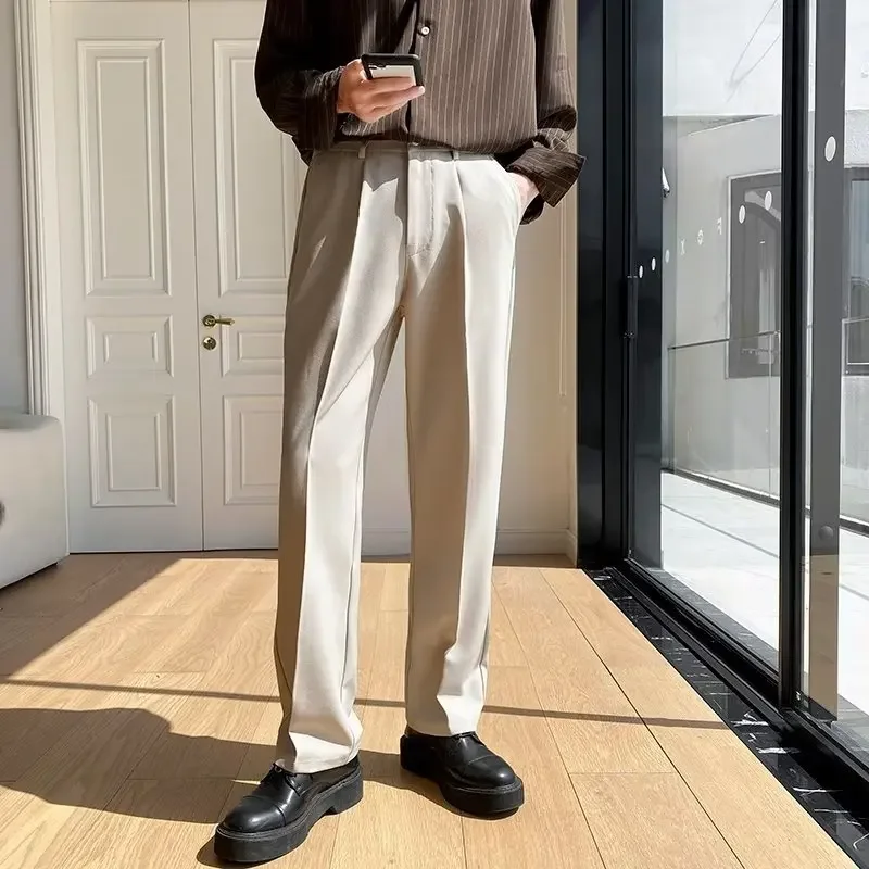 2024 New Men White Straight Pants Fashion Korean Loose Suit Trousers Casual Draped Baggy White Wide Pant Male Streetwear 4