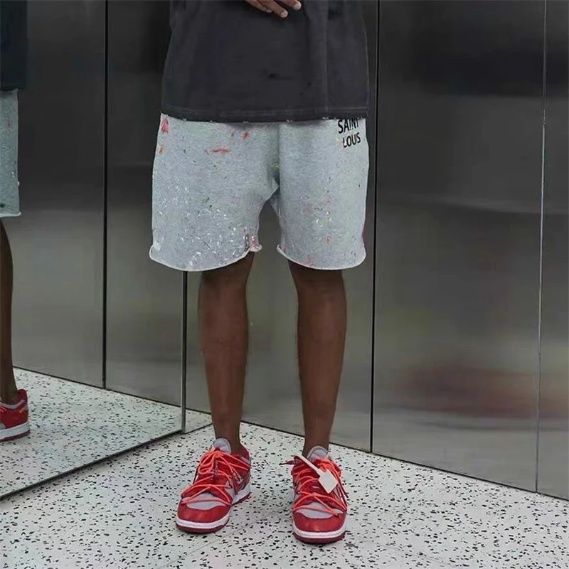 High Quality SAINT Retro Vintage Graffiti Splashing Ink Drawstring Rolled Edge Shorts High Street Casual Loose Fit Pure Cotton