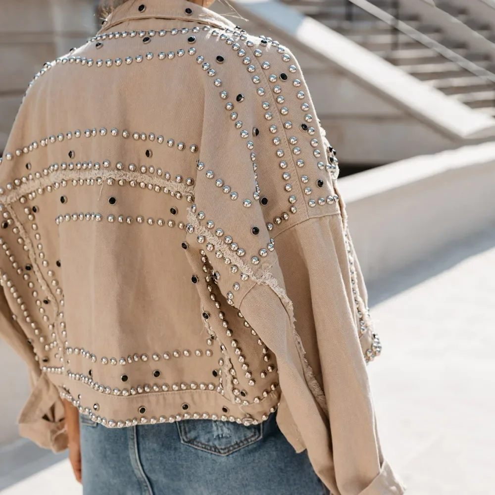 Women Turn-down Collar Washed Denim Jackets Single Breasted Vintage Full Sleeve Rivet Locomotive Streetwear Gothic Jacket Spring