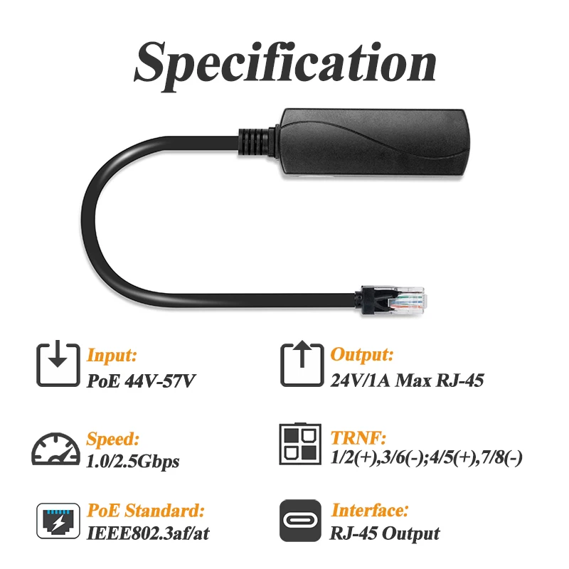 PoE 48V에서 24V/1A로 변환하는 2.5G PoE 컨버터, RJ45 포트 출력, 최대 24W, IEEE802.3 af/at(파워 패시브 24V 보드 장치용)