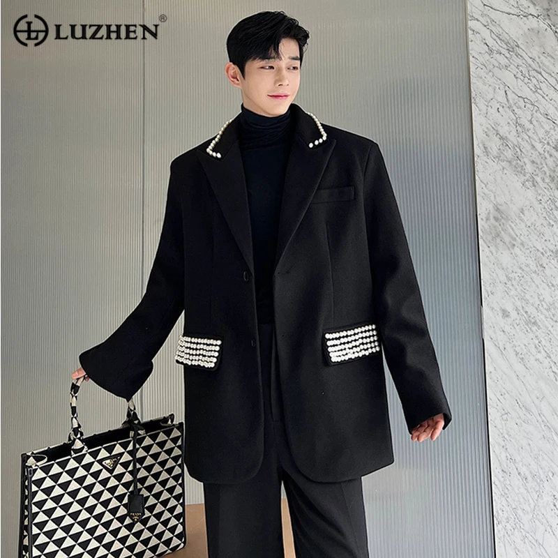 

LUZHEN Elegant Men's Blazers Jacket Fashion Original Luxury Design Imitation Pearl Decorate Trendy Suit Coat 2024 Spring D68ca4