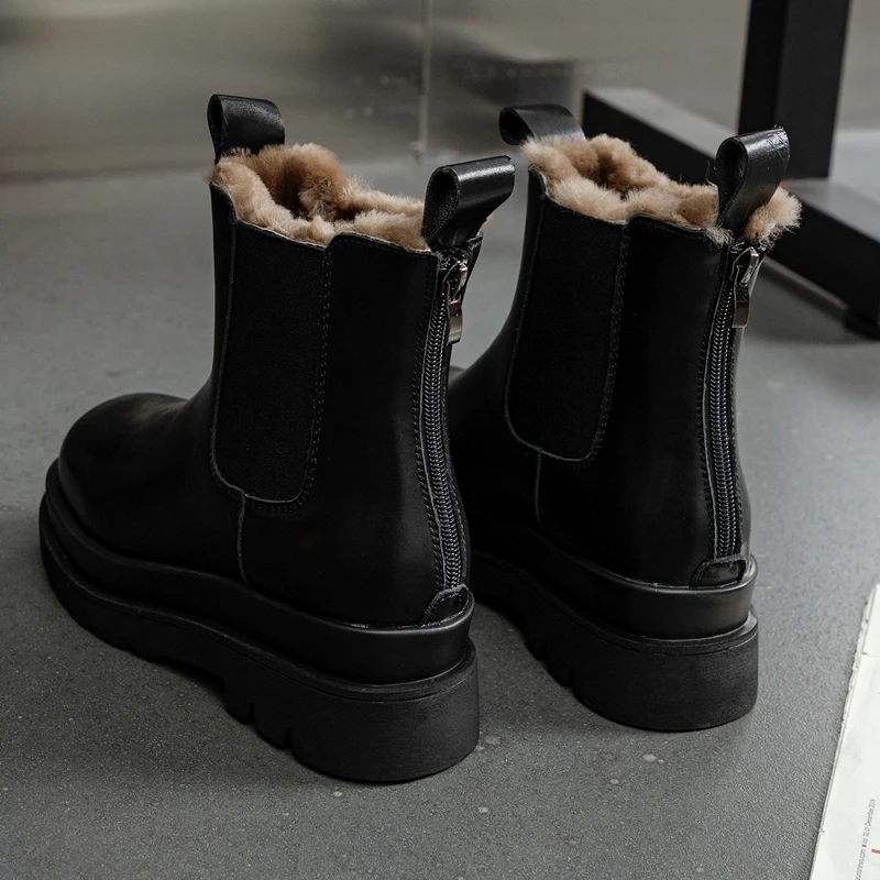 CICIYANG Chelsea Boot Women Genuine Leather British Style Winter Ankle Boot 2024 New Chunky Heel Platform Fur Short Boots Black