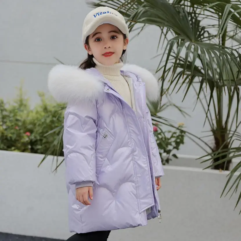 

Winter Girls Hooded Real Fur Collar Coat Children's Thicker Warm Glossy Waterproof Ski Suits White Duck Down Jacket A1866