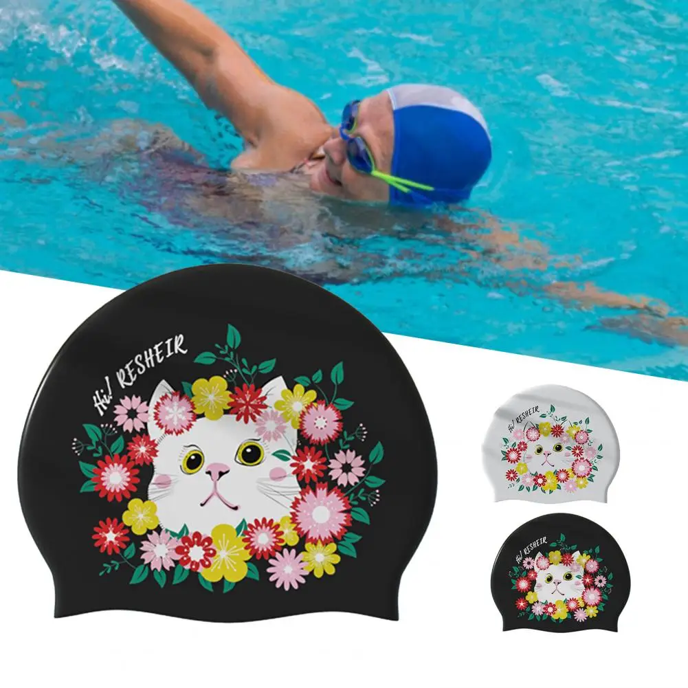 Swim Hat  Practical Elastic Comfortable Wearing  White/Black Cat Pattern Women Silicone Pool Hat for Seaside
