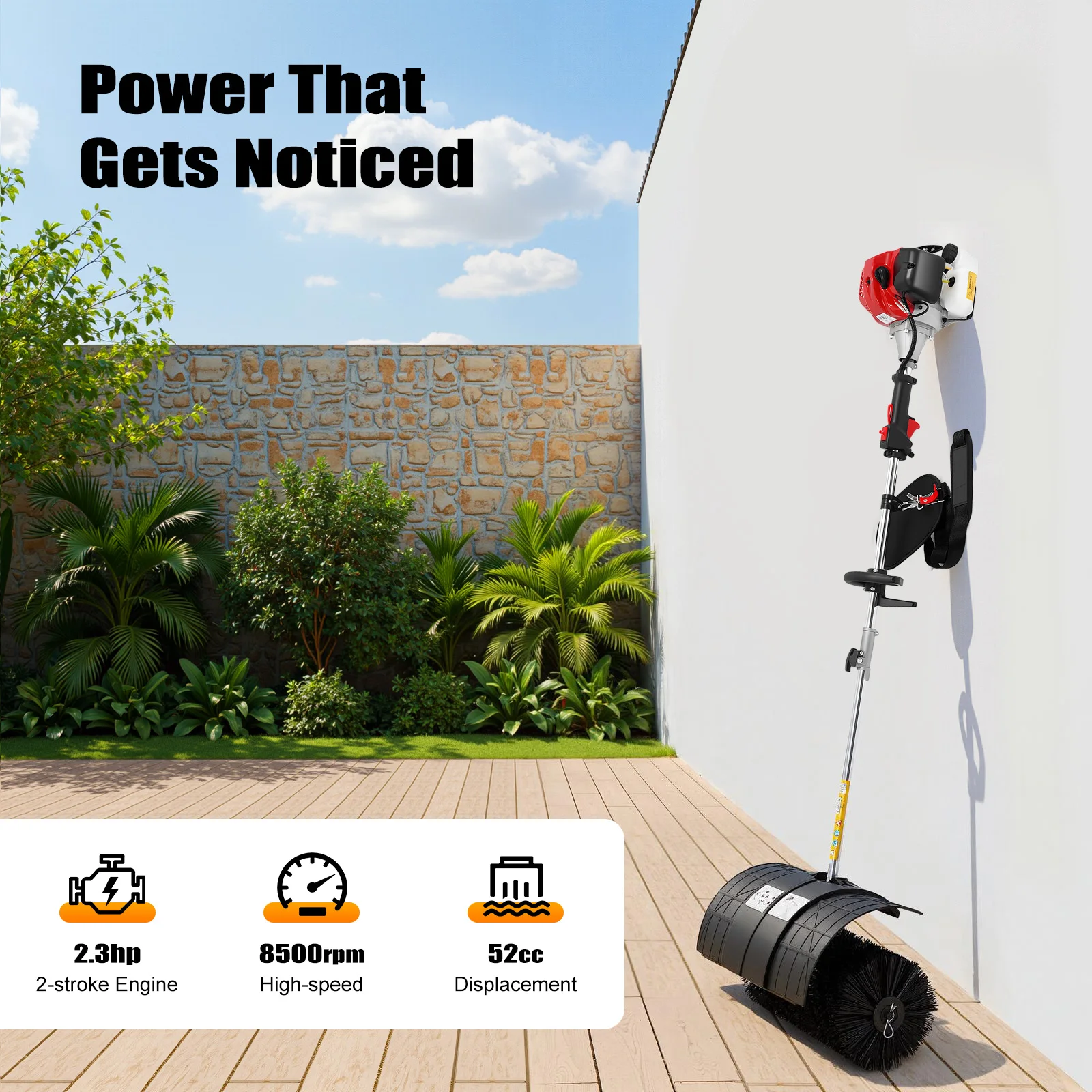 52cc 2.3HP Gas Powered Broom Sweeper Machine 2-Stroke Walk-Behind Yard Cleaner with 20.5" Nylon Brush for Golf Course Driveway