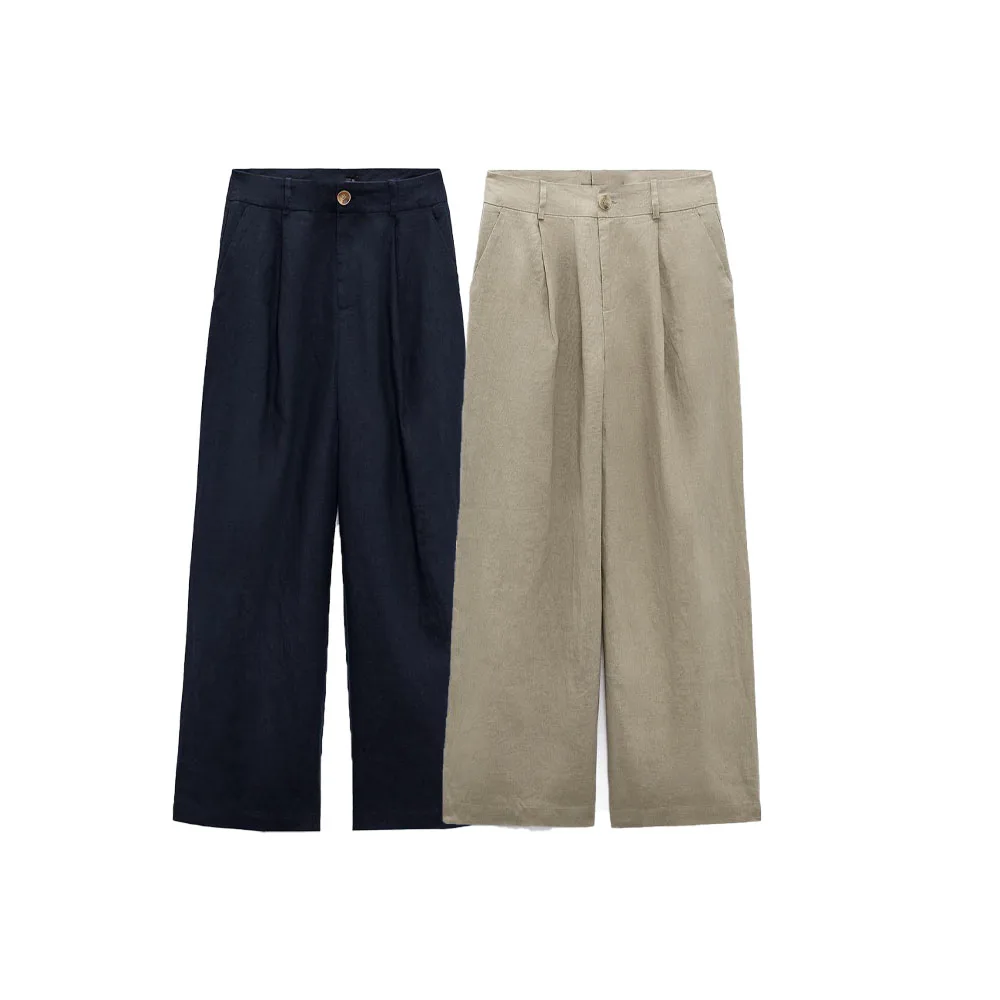 

Zach AiIsa High Quality New Women's Fashion Versatile Linen Fabric Textured Casual Pocket Loose High Waist Wide Leg Pants