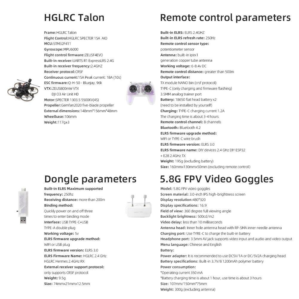 HGLRC Talon 2인치 아날로그 FPV 드론 쿼드콥터 보급형 RTF 세트