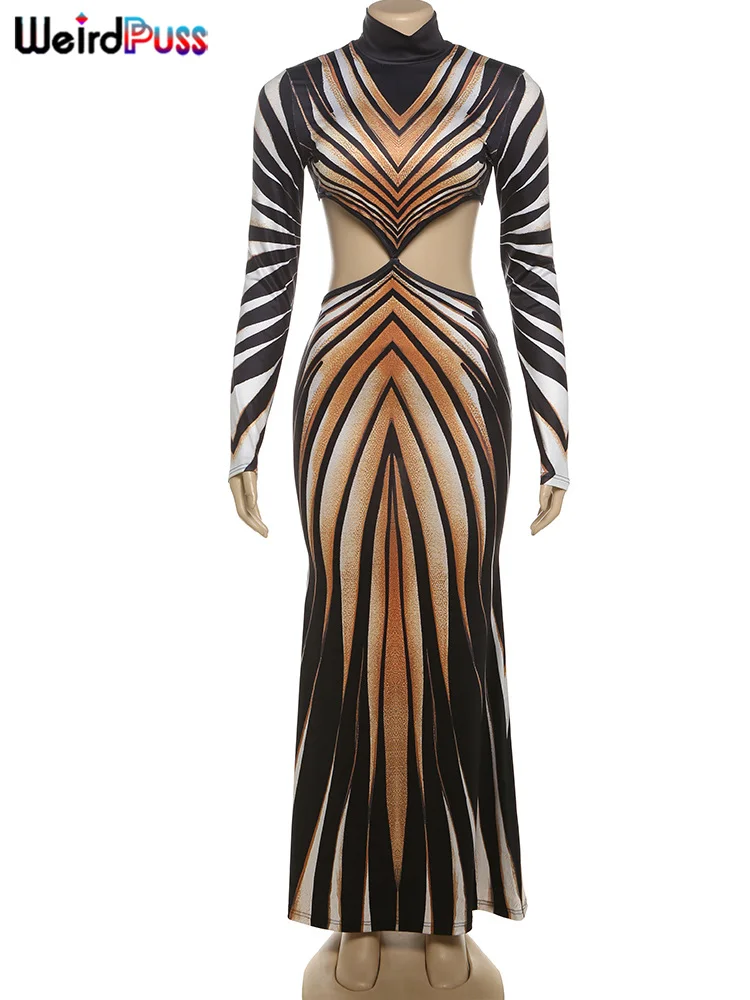 Weird Puss Waistless Dress Women Turtleneck Colorful Striped Print Hollow Full Sleeve Fall Trend 2024 Midnight Party Vestidos 6