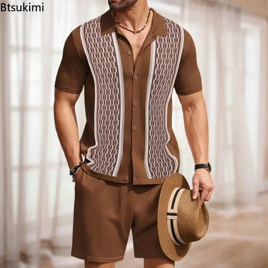 2024 Summer Men's Clothing New Ice Silk Jacquard Knitted Two-pieces Men's Business Casual Polo Shirt and Shorts Suits Male Sets