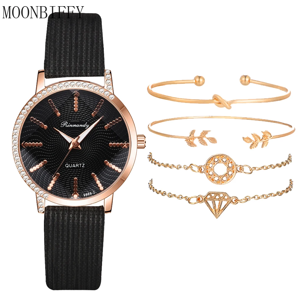 

Luxury Women Quartz Watches 5pcs Quartz Wristwatch Simple Leather Strap Diamond Dial Ladies Dress Gift Clock Relogio Feminino