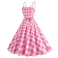 Women's Summer Dress Sexy Retro Pink Dot Plaid Spaghetti Strap Gown High Waist Party Clothes - Image 3