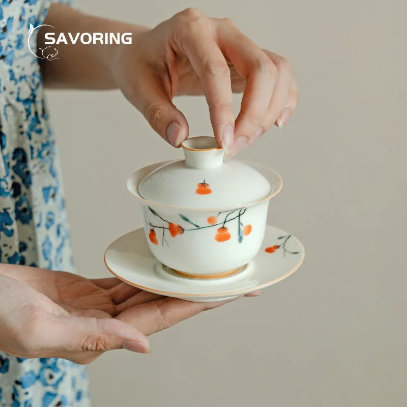 Hand Painted Persimmon Gaiwan 120ml Chinese Ceramic Cover Bowl Tea Cup Handmade Tea Bowl Puer Maker Gaivan Drinking For